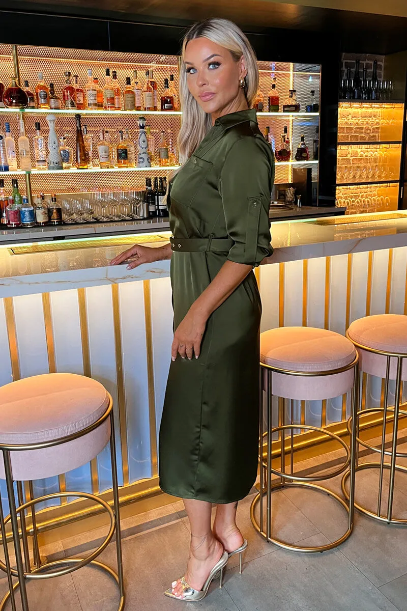 Olive Satin Belted 3/4 Sleeve Gold Buttons Shirt Midi Dress sold by AX Paris product image thumbnail 4