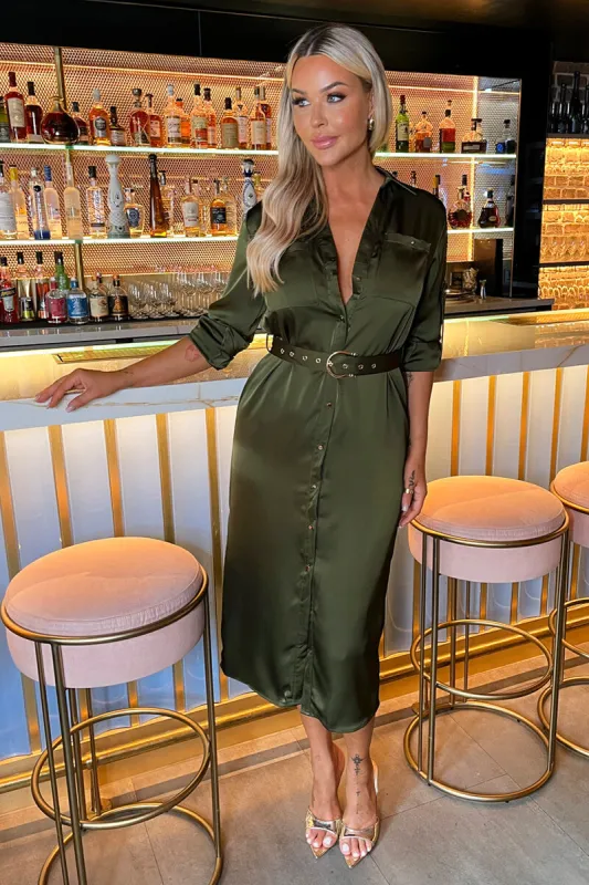 Olive Satin Belted 3/4 Sleeve Gold Buttons Shirt Midi Dress sold by AX Paris