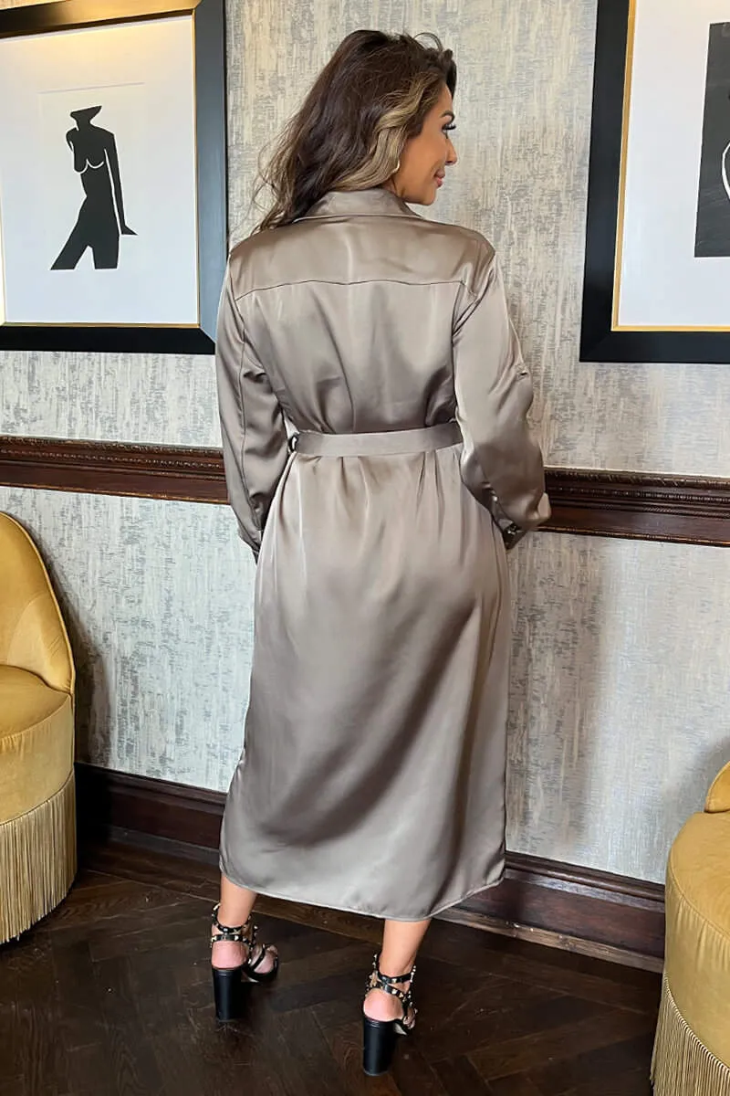 Taupe Satin Belted 3/4 Sleeve Gold Buttons Shirt Midi Dress sold by AX Paris product image thumbnail 4