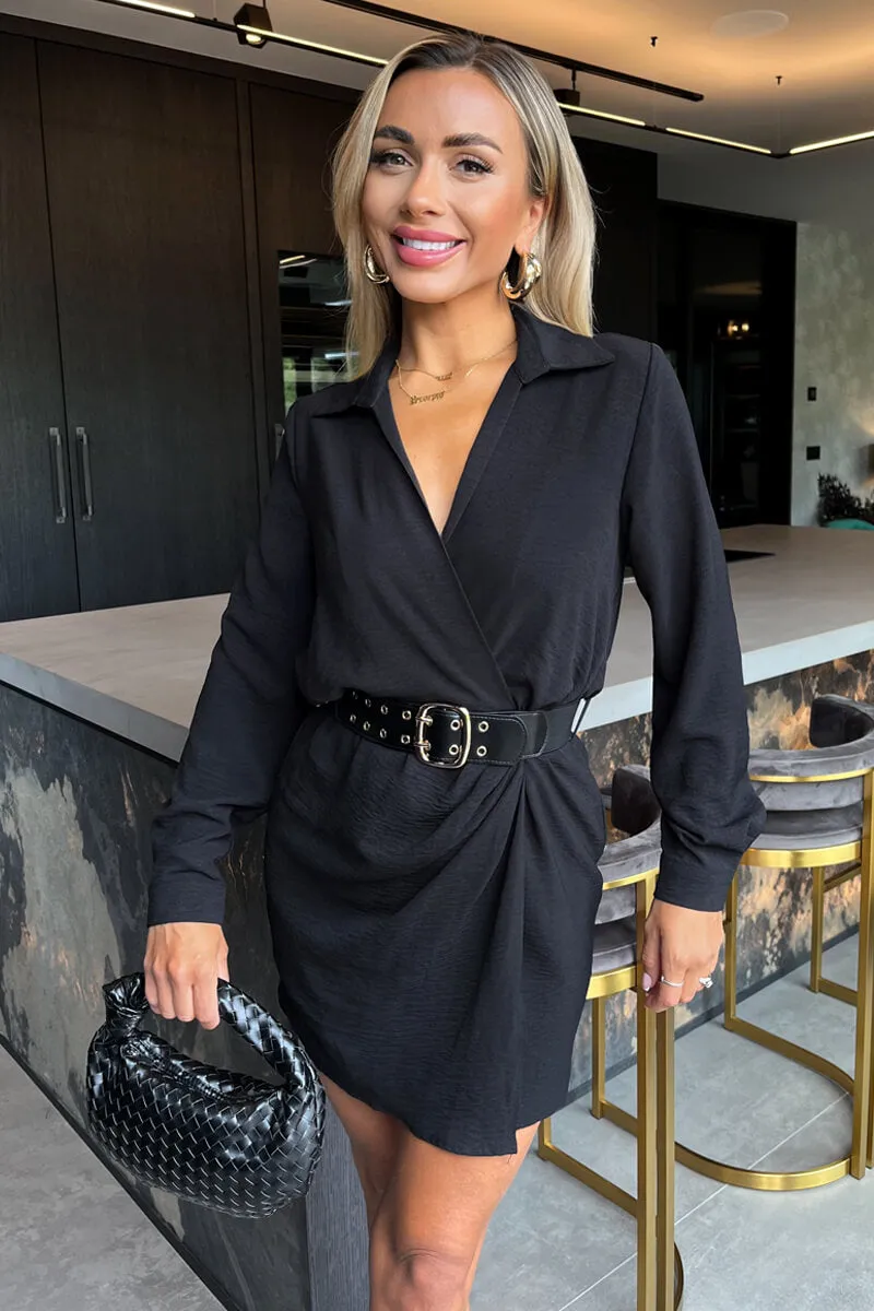 Black Wrap Top Long Sleeve Belted Mini Dress sold by AX Paris product image thumbnail 3