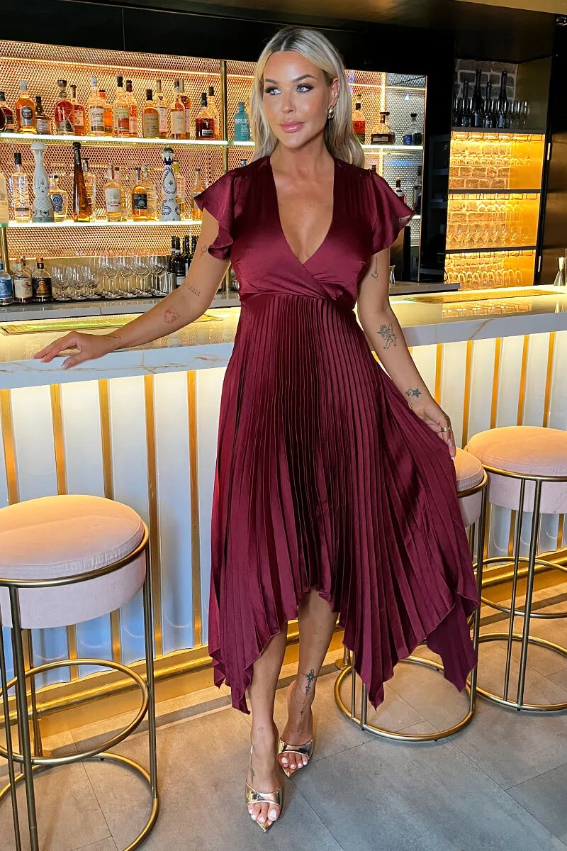 Wine Wrap Top Zig Zag Hem Pleated Midi Dress sold by AX Paris