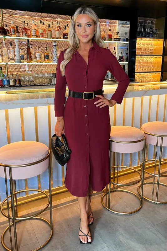 Wine Button Front Belted Shirt Midi Dress sold by AX Paris