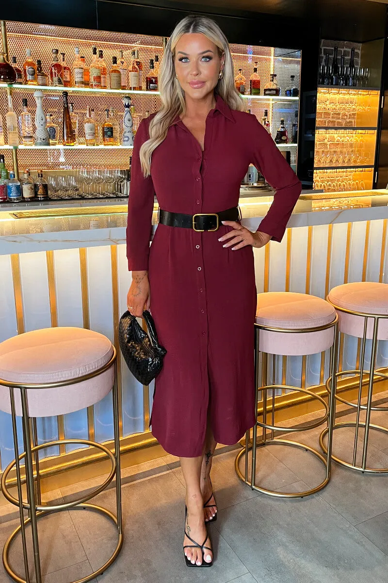 Wine Button Front Belted Shirt Midi Dress sold by AX Paris