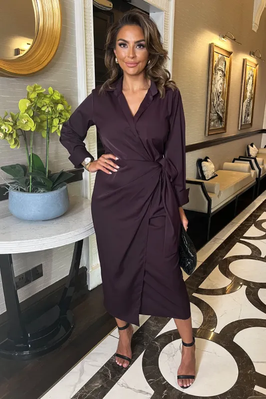 Plum Side Tie Waist Wrap Midi Dress sold by AX Paris