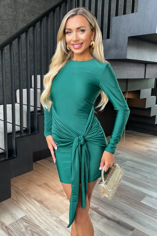 Green Slinky Long Sleeve Sash Bodycon Mini Dress sold by AX Paris