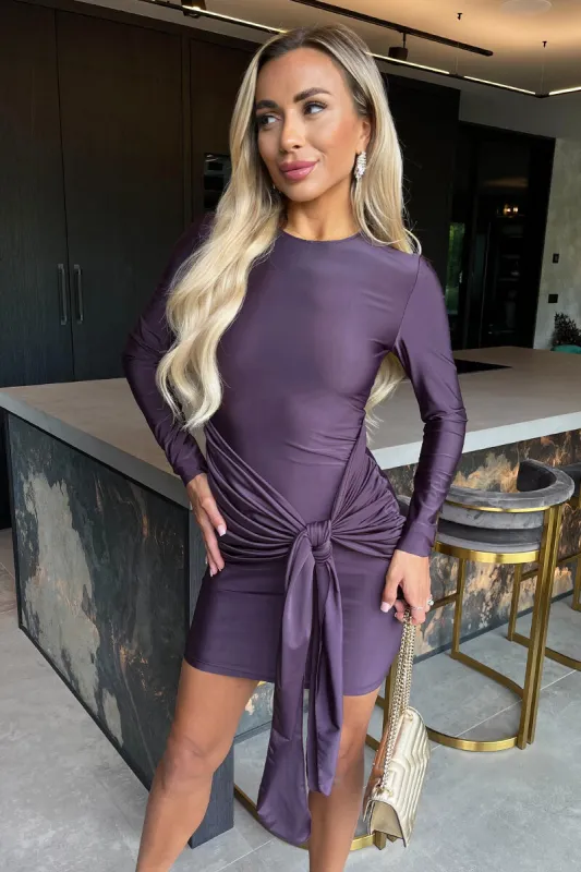 Plum Slinky Long Sleeve Sash Bodycon Mini Dress sold by AX Paris