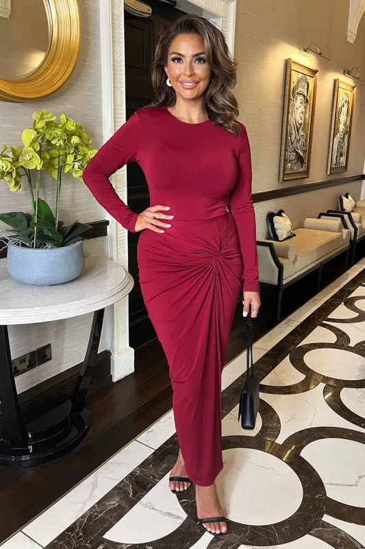 Wine Long Sleeves Knot Skirt Bodycon Midi Dress sold by AX Paris