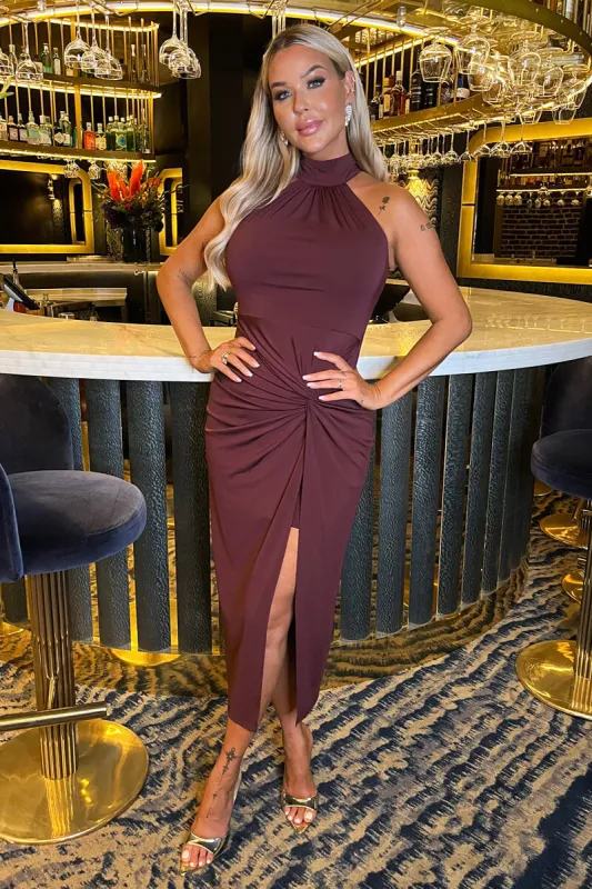 Plum Halter Neck Knot Skirt Midi Dress sold by AX Paris