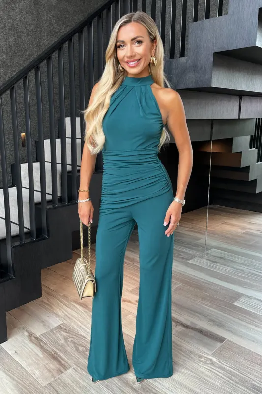 Teal Pleated Halter Neck Draped Waist Detail Jumpsuit sold by AX Paris