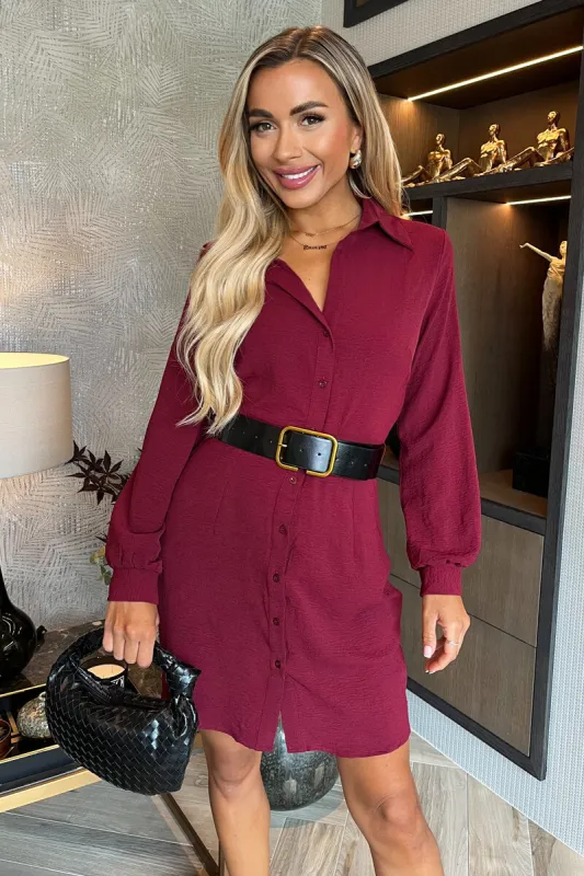 Wine Button Front Belted Shirt Mini Dress sold by AX Paris