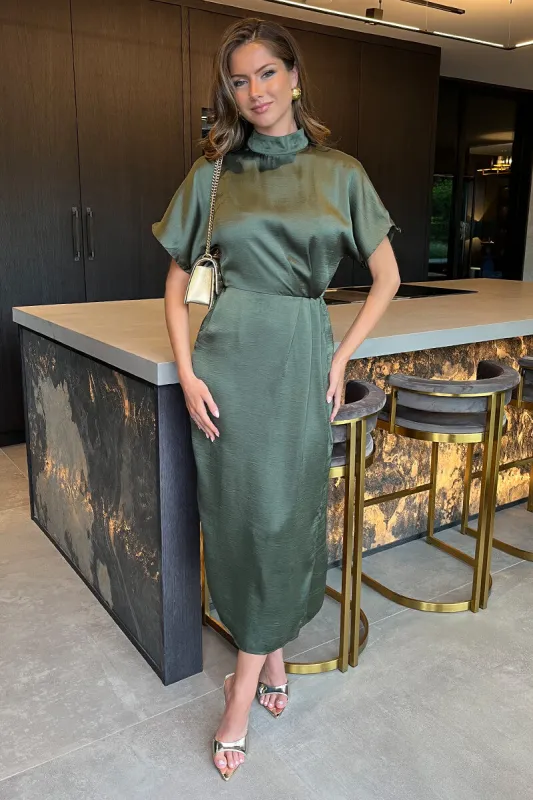 Olive Satin High Neck Wrap Skirt Midi Dress sold by AX Paris