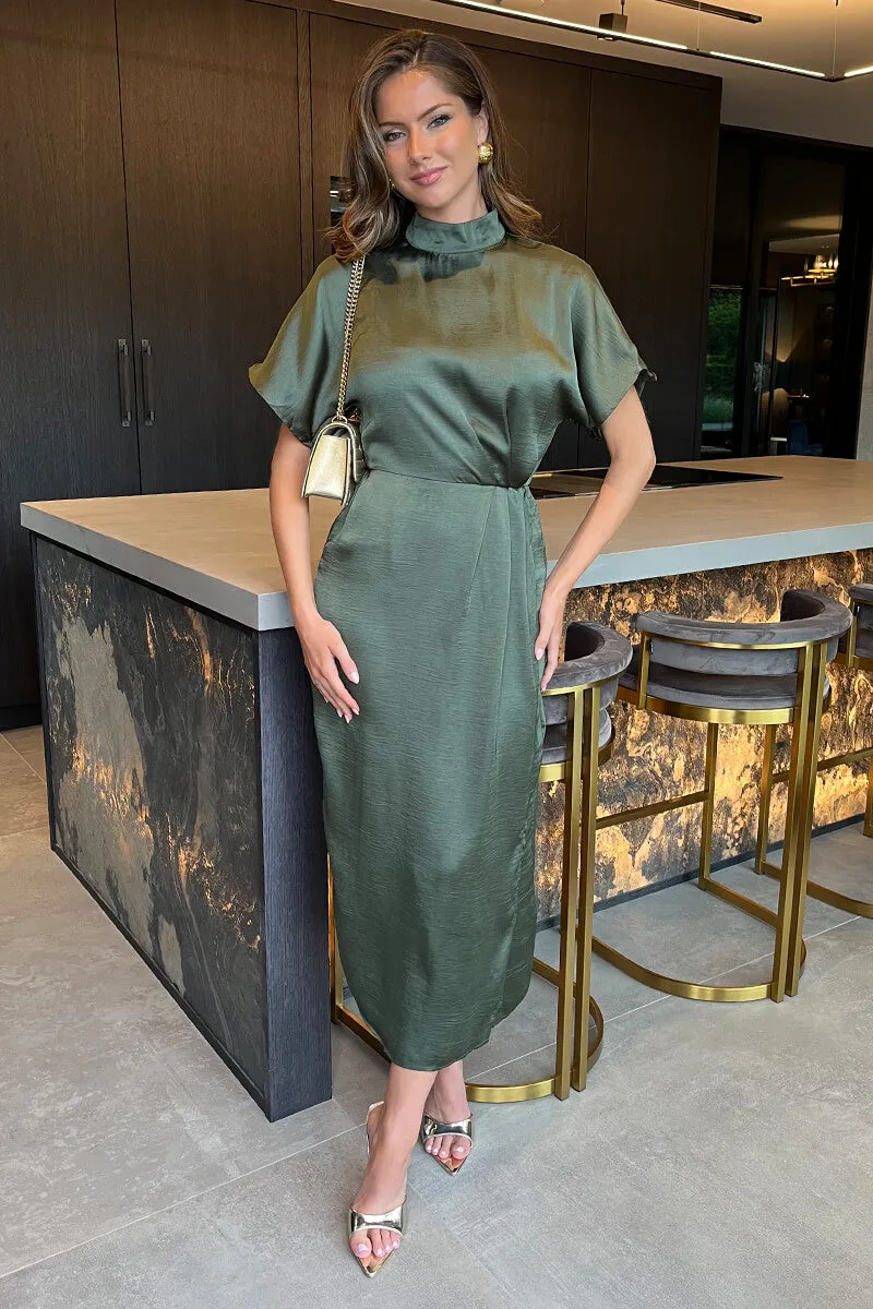 Olive Satin High Neck Wrap Skirt Midi Dress sold by AX Paris