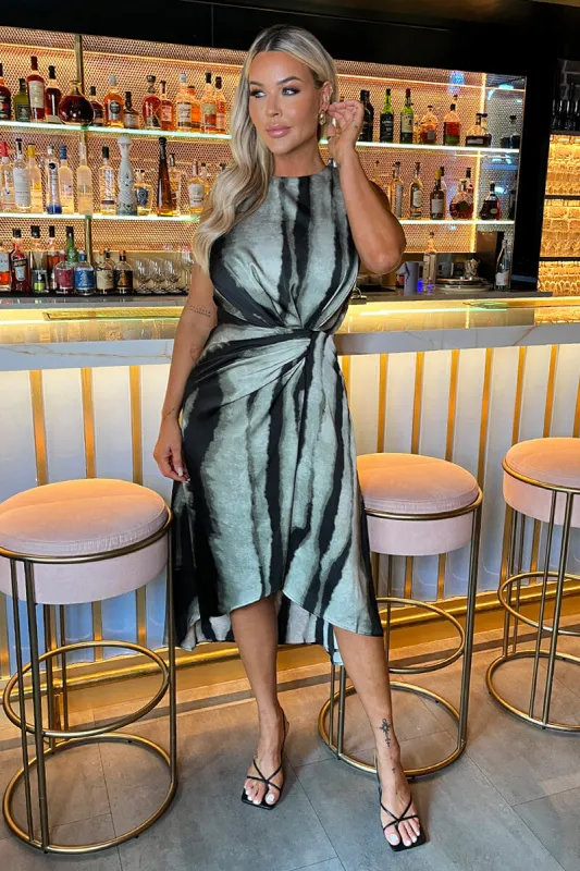 Multi Smudged Stripe Print Shoulder Padded Gathered Waist Midi Dress sold by AX Paris