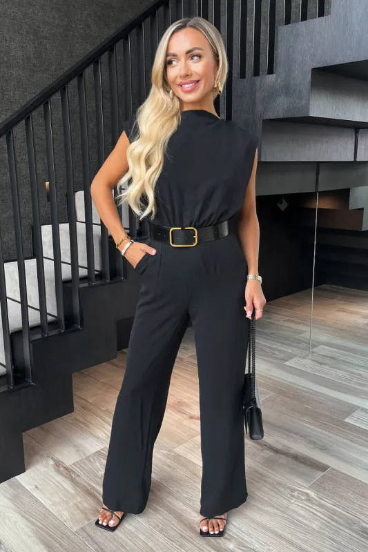 Black Boat Neck Belted Wide Leg Jumpsuit sold by AX Paris