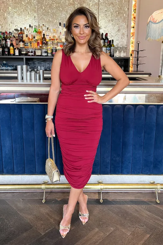 Wine V Neck Ruched Bodycon Midi Dress sold by AX Paris