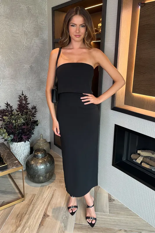 Black Strapless Fold Over Top Detail Midi Dress sold by AX Paris