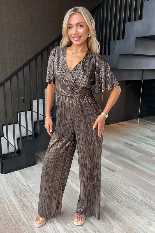Bronze Plisse Buckle Detail Wrap Jumpsuit sold by AX Paris