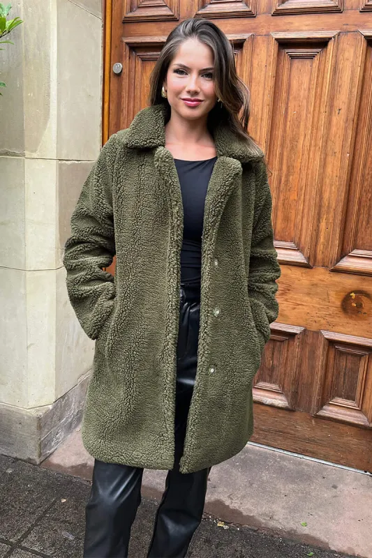 Khaki Longline Teddy Coat sold by AX Paris