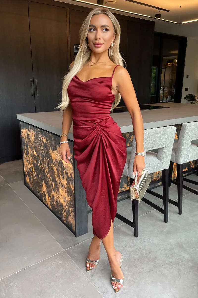 Wine Satin Strappy Cowl Neck Gathered Skirt Midi Dress sold by AX Paris