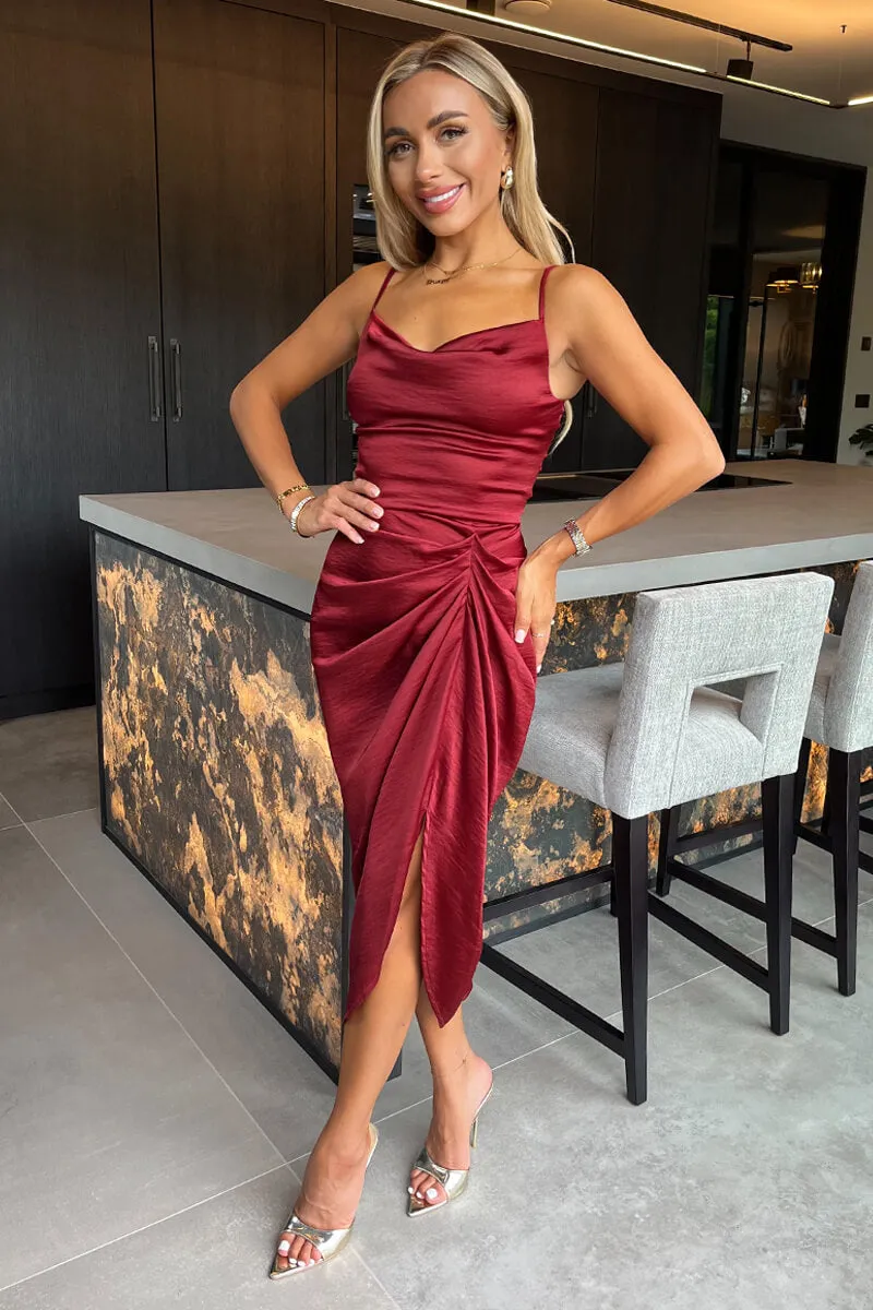 Wine Satin Strappy Cowl Neck Gathered Skirt Midi Dress sold by AX Paris product image thumbnail 2