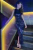 Navy Sequin Round Neck Gathered Midi Dress sold by AX Paris