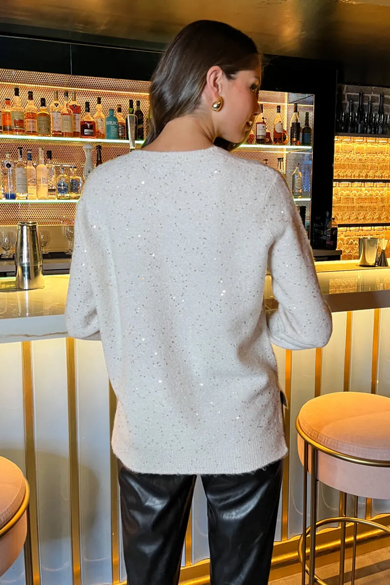 Cream Sequin Detail V-Neck Jumper sold by AX Paris product image thumbnail 4