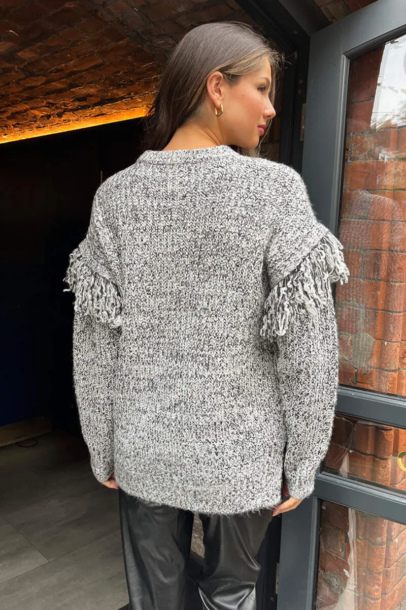 Grey and Black Fringe Detail Sleeve Knitted Jumper sold by AX Paris product image thumbnail 3