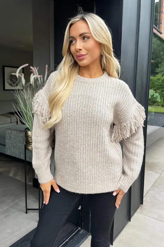 Oatmeal and Cream Fringe Detail Sleeve Knitted Jumper sold by AX Paris