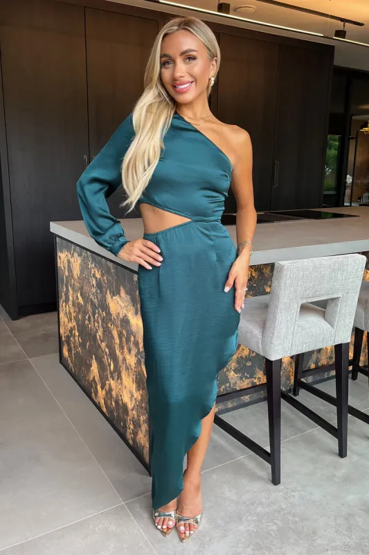 Teal One Shoulder Asymmetric Hem Cut Out Midi Dress sold by AX Paris
