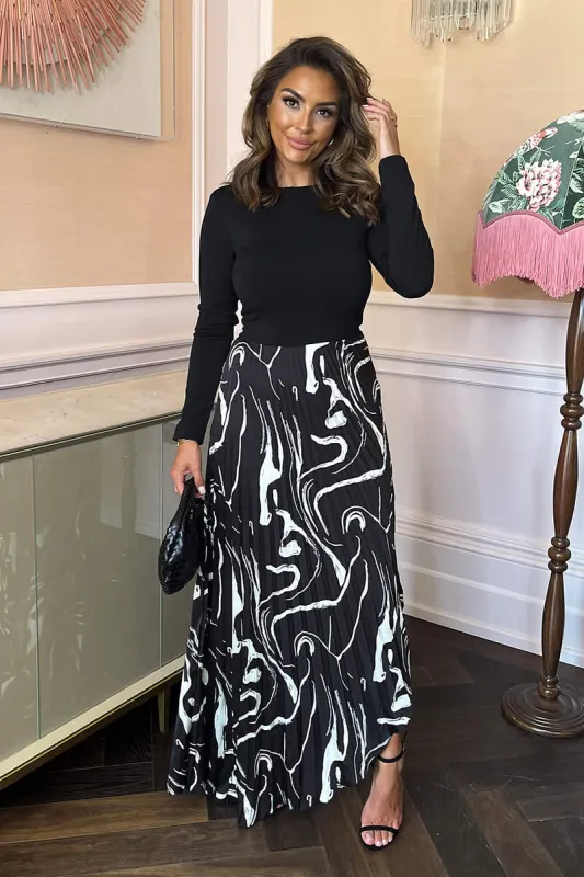 Black Abstract Stripe Print 2 in 1 Long Sleeve Pleated Skirt Midi Dress sold by AX Paris