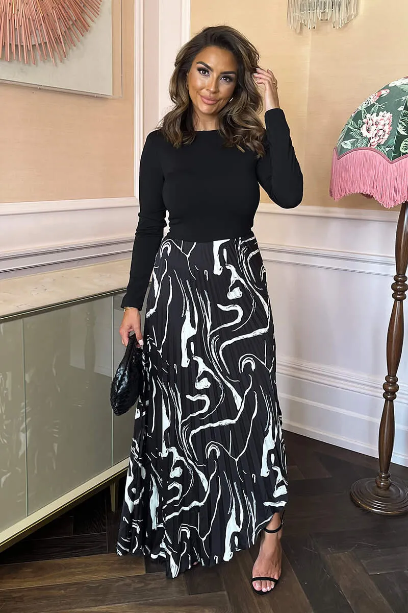 Black Abstract Stripe Print 2 in 1 Long Sleeve Pleated Skirt Midi Dress sold by AX Paris