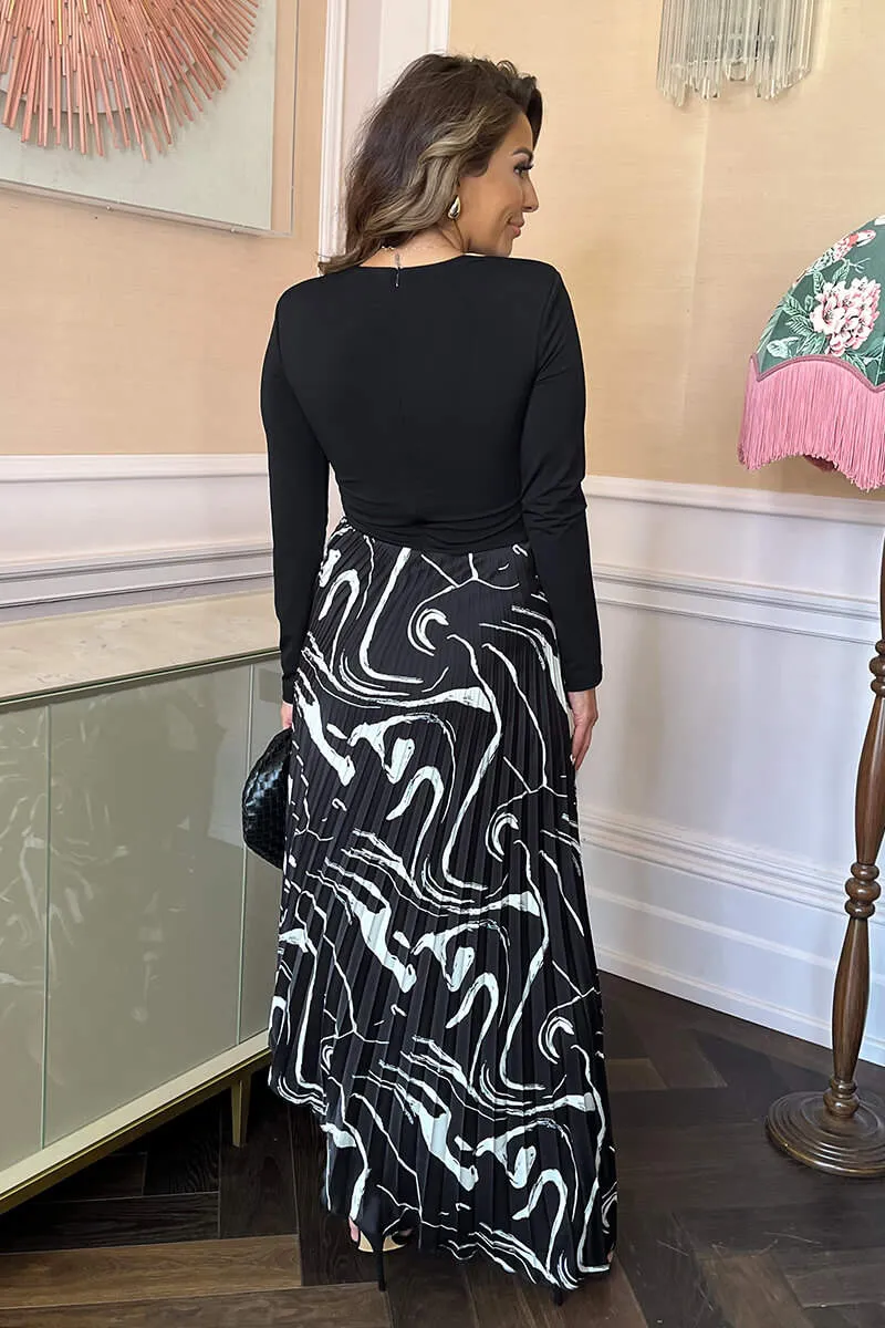 Black Abstract Stripe Print 2 in 1 Long Sleeve Pleated Skirt Midi Dress sold by AX Paris product image thumbnail 5