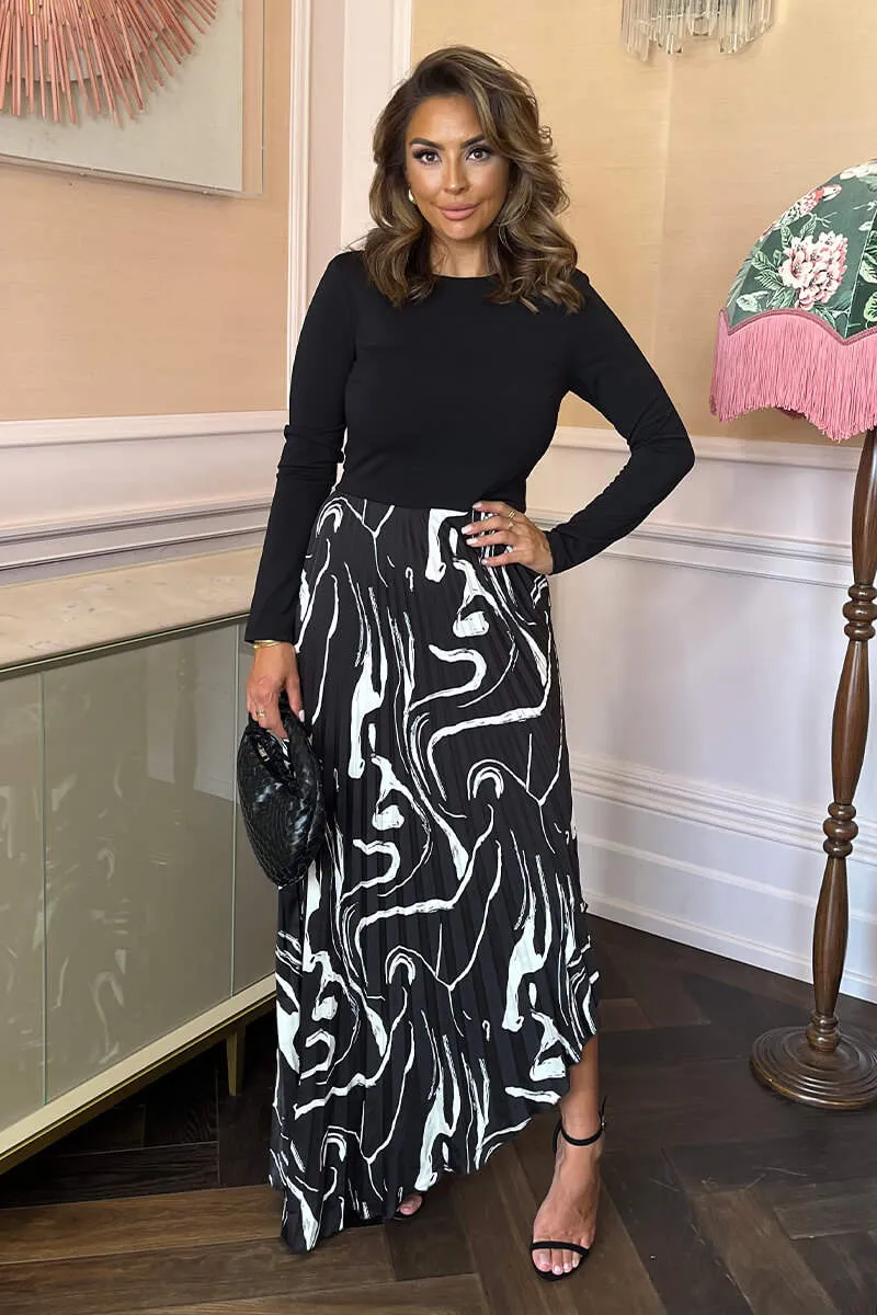 Black Abstract Stripe Print 2 in 1 Long Sleeve Pleated Skirt Midi Dress sold by AX Paris product image thumbnail 2