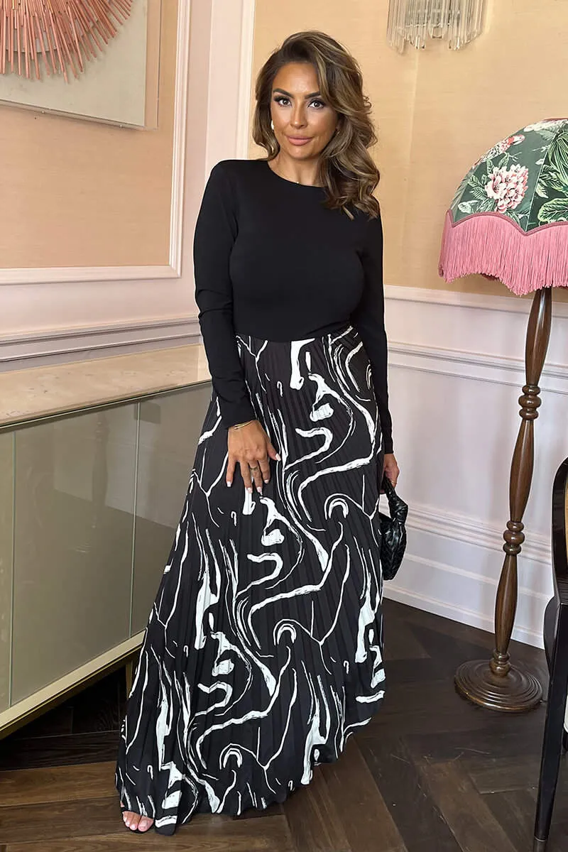 Black Abstract Stripe Print 2 in 1 Long Sleeve Pleated Skirt Midi Dress sold by AX Paris product image thumbnail 3