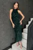 Green Velvet And Sequin Racer Neck Midi Dress sold by AX Paris