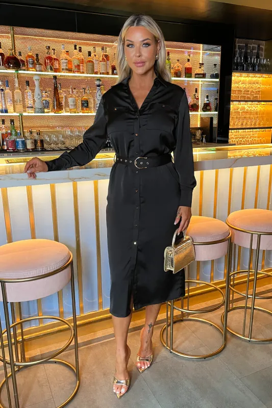 Black Satin Belted 3/4 Sleeve Gold Buttons Shirt Midi Dress sold by AX Paris