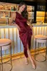 Wine One Shoulder Knot Skirt Satin Midi Dress sold by AX Paris