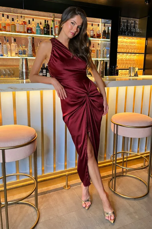 Wine One Shoulder Knot Skirt Satin Midi Dress sold by AX Paris