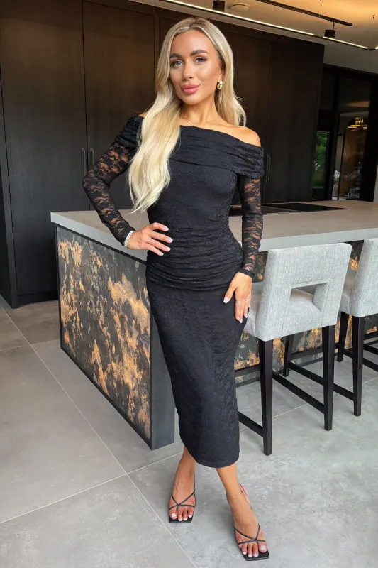 Black Lace Bardot Long Sleeve Ruched Bodycon Midi Dress sold by AX Paris