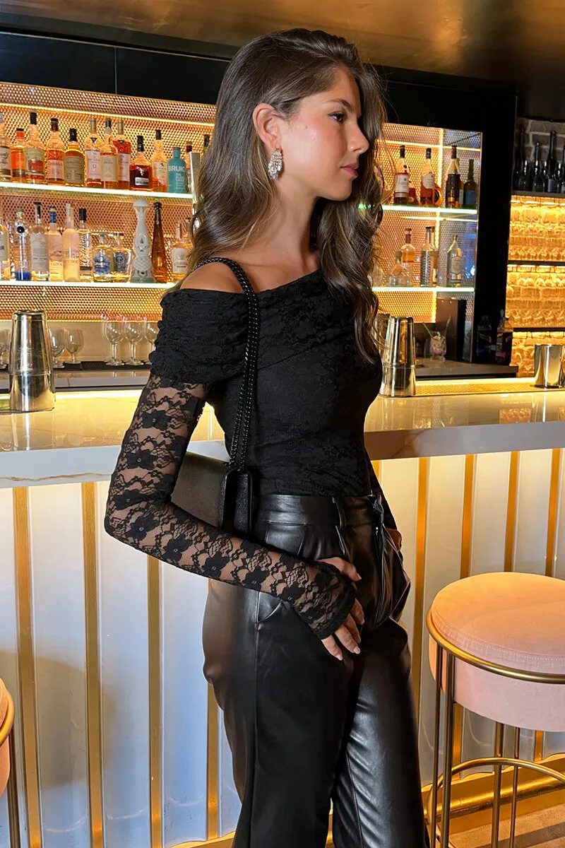 Black Lace Bardot Fold Over Top Long Sleeve Bodysuit sold by AX Paris product image thumbnail 4