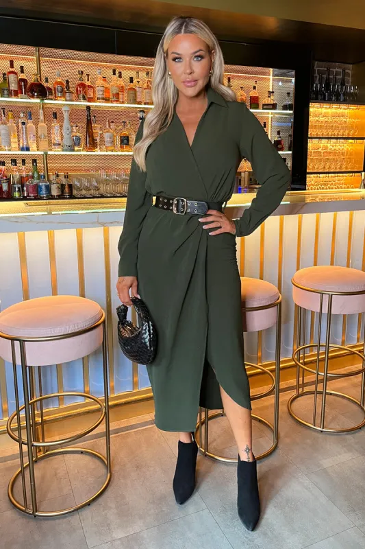 Olive Belted Wrap Midi Shirt Dress sold by AX Paris