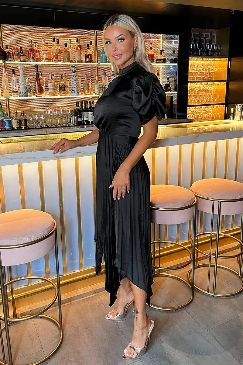 Black High Neck Puff Sleeve Zig Zag Hem Pleated Midi Dress sold by AX Paris product image thumbnail 4