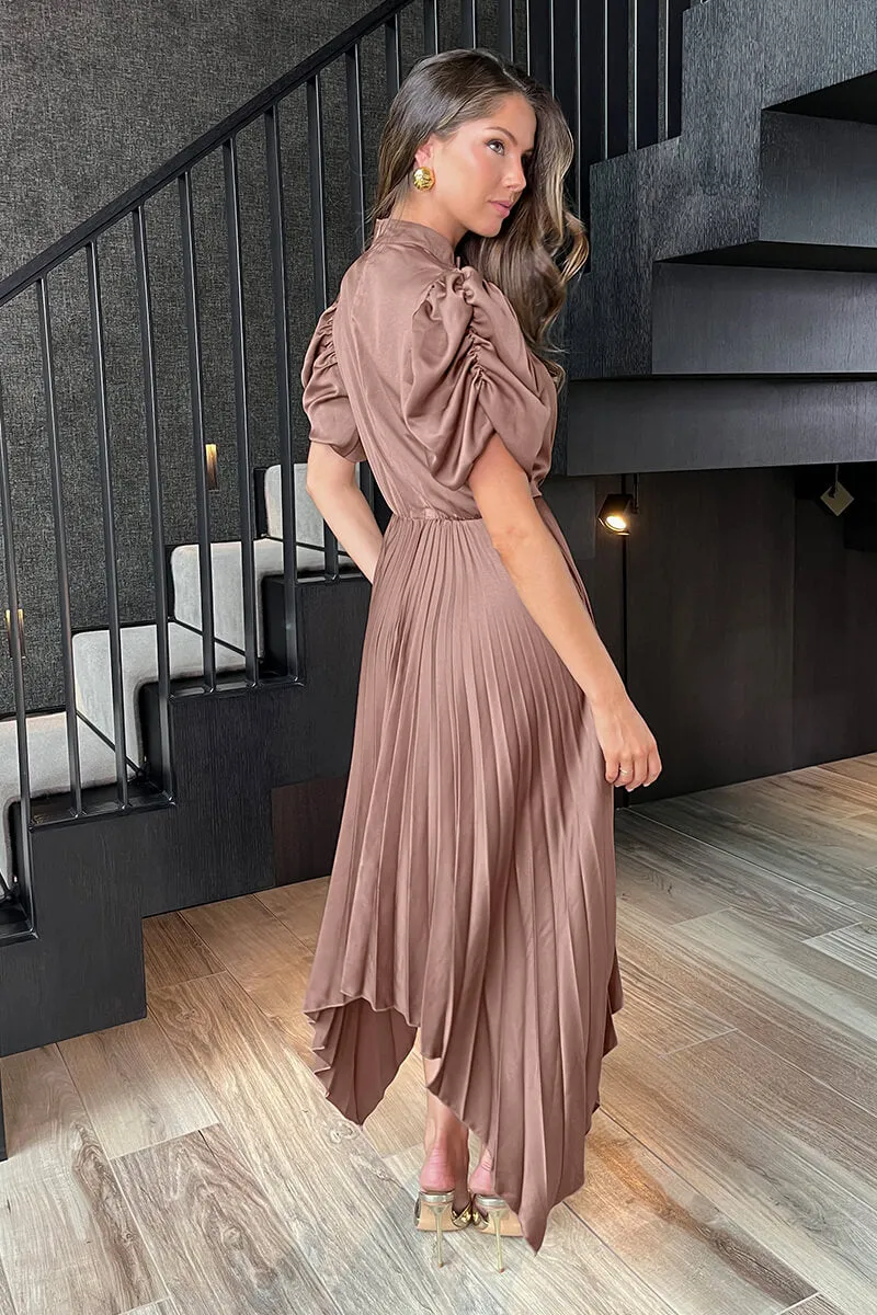 Taupe High Neck Puff Sleeve Zig Zag Hem Pleated Midi Dress sold by AX Paris product image thumbnail 4