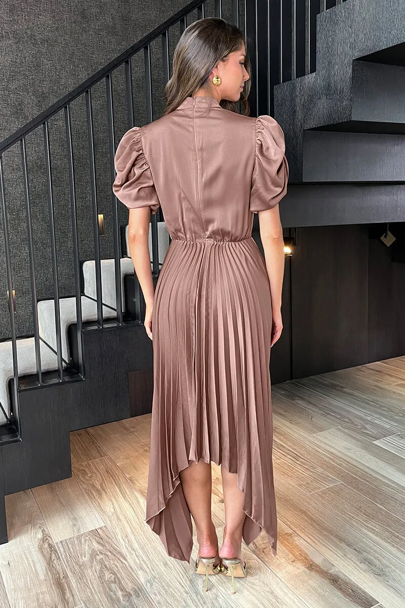 Taupe High Neck Puff Sleeve Zig Zag Hem Pleated Midi Dress sold by AX Paris product image thumbnail 5