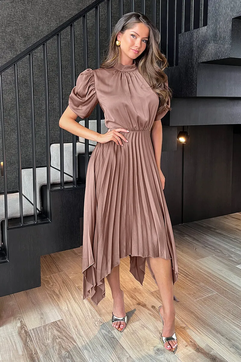 Taupe High Neck Puff Sleeve Zig Zag Hem Pleated Midi Dress sold by AX Paris product image thumbnail 2