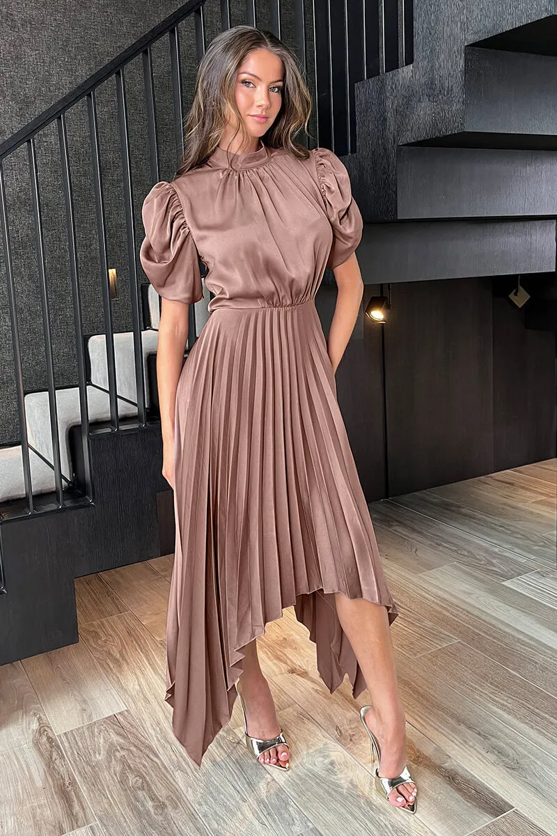 Taupe High Neck Puff Sleeve Zig Zag Hem Pleated Midi Dress sold by AX Paris product image thumbnail 3