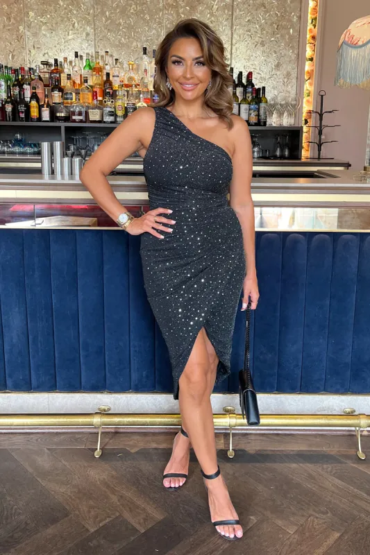 Black Metallic Sparkle and Sequin One Shoulder Draped Wrap Skirt Midi Dress sold by AX Paris