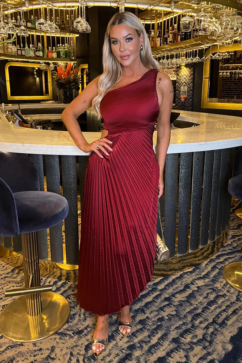 Wine One Shoulder Pleated Satin Midi Dress sold by AX Paris