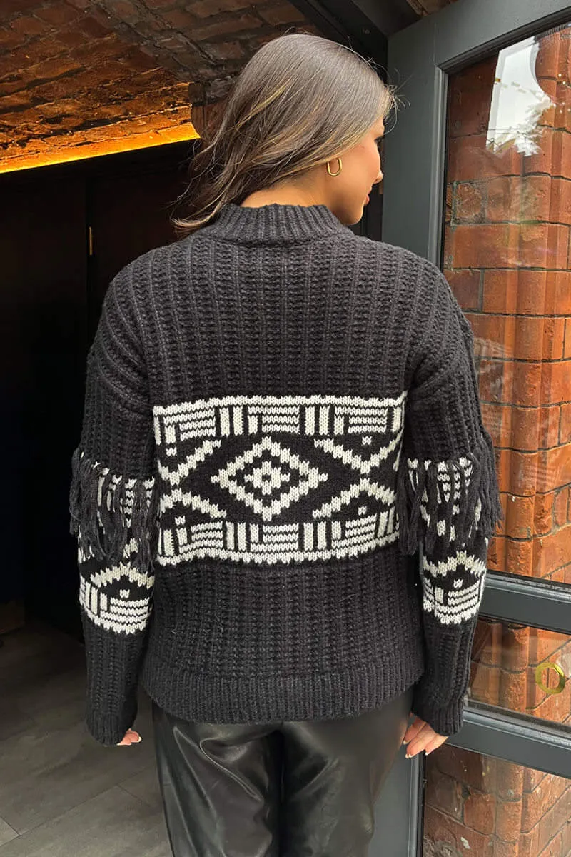 Black Fairisle Fringe Sleeve Detail Knitted Jumper sold by AX Paris product image thumbnail 4