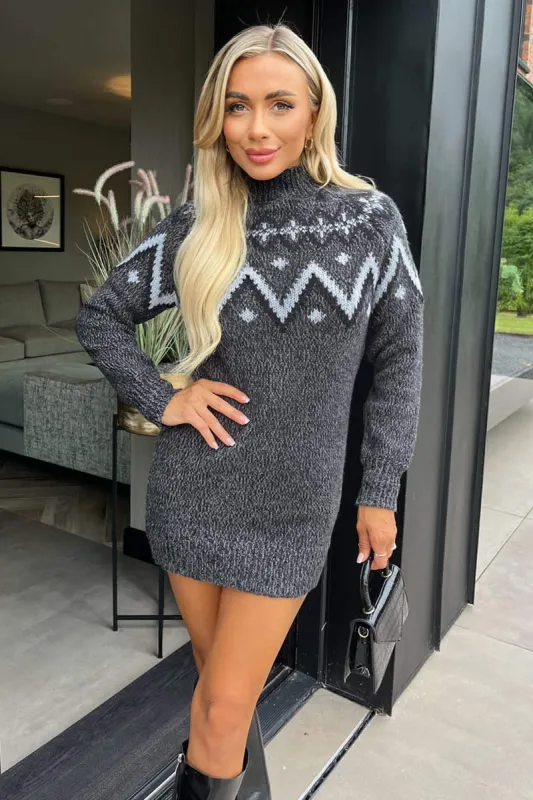 Anthracite Fairisle Mock Neck Knitted Dress sold by AX Paris